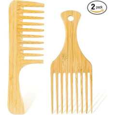 Afro ķemme Dabīgā koka afro ķemme Afro ķemme Platie zobi Styling Detangling Comb Koka matu ķemme sievietēm Meitenes Meitenes cirtaini viļņaini biezi taisni mati 2 Pack