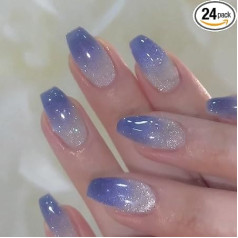 Kaiperala viltus nagi Īsais zārks Glitter Blue Ombre Cat Eye Stick On balerīna Nospiediet uz noņemamu līmi uz nagiem Viltus nagi komplekts sievietēm līgavām