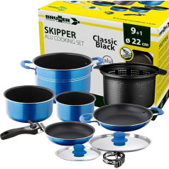 Brunner: Šķiņķa trauku komplekts no alumīnija (katli un pannas) - diametrs 18, 20, 22 vai 24 cm Skipper - 4 cilvēki, pārklāts, viegls, augstas kvalitātes, saliekams viens uz otra.