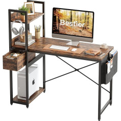 Bestier Datorgalds ar plauktiem, 120 cm, stūra rakstāmgalds ar atvilktni, divpusējs datorgalds, rakstāmgalds ar sānu kabatu, uzglabāšanas maisiņu un austiņu āķiem mājai, birojam