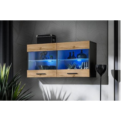 Komodee , Savona vitrīna, Wotan/melna, platums 100 cm x augstums 50 cm x dziļums 30 cm, zilas LED diodes, 2 stikla plaukti, 2 durvis, viesistabai, virtuvei
