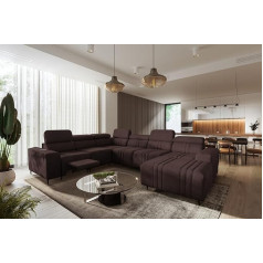 All4All Fabio VIII Mix stūra dīvāns ar miega funkciju, 340 cm x 269 cm, stūra dīvāns ar gultas lodziņu, U-veida dzīvojamā ainava, XXL dīvāns ar kāju paliktni, sānu labajā pusē, tumši brūns, viegli tīrāms audums 26