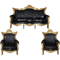 Casa Padrino Casa-Padrino Baroque viesistabas komplekts Master Black/Gold Leather Sofa Mod2-3vietīgs dīvāns + 2 krēsli