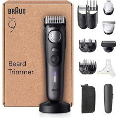 Braun 9. sērijas bārdas trimmeris ar 14 bārdas griešanas rīkiem, Power Boost un mūžīgi asu ProBlade asmeni, 180 min. akumulatora darbības laiks, ar izplūšanu, 52 garumiem, precīzu ritenīti un fiksāciju, ūdensizturīgs, BT9565, titāna krās