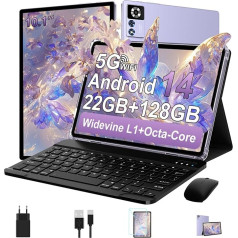 ZIOVO planšetdators 10 collu Android 14, 22GB RAM + 128GB ROM (TF 1TB), 5G WiFi, Octa-Core, Widevine L1, 8000mAh, BT 5.0, 5MP + 8MP, GPS, planšetdators ar tastatūru, peli - violets
