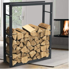 BAKAJI Koka plaukts vertikāls taisnstūra metāla iekštelpu koka mājas dārza kamīna krāsns moderns dizains (100 x 25 x 80cm)