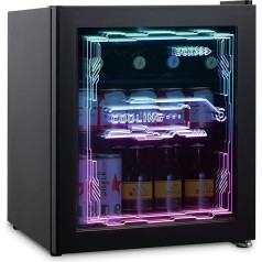 HCK mini ledusskapis 48 L, dzērienu ledusskapis ar stikla durvīm un LED apgaismojumu, kiberpanku dizains, klusums 39 dB, 0-10°C alus ledusskapis spēļu istabai, ballītēm, bāriem, melns