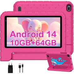 Biegedy Bērnu planšetdators 7 collas, Android 14, 10GB RAM + 64GB ROM/TF 512GB, Octa-Core 1.8GHz | Izglītojošs bērniem | Vecāku kontrole | 5G WiFi | Dual Camera | BT 5.0, planšetdators ar maku, sarkans