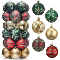 Valery Madelyn Christmas Baubles 30 gab. 6 cm plastmasas eglīšu konfekšu komplekts Ziemassvētku rotājumi ar pakaramo Ziemassvētku eglīšu rotājumi dekorēšanai Lauku ceļa tēma Sarkans zaļš zelts zelts