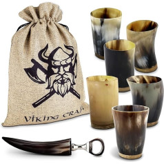 Dzeramā raga vikingu krūzīšu komplekts - 6 x aptuveni 80 ml raga krūzes + pudeļu atvērējs - ideāli piemērots vikingu medalus pagatavošanai, kā vikingu dekors, vikingu dāvana vīriešiem un sievietēm, vikingu fanu priekšmets viduslaikos