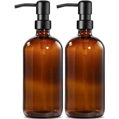 MIUSITE Glass Soap Dispenser, 500 ml Soap Dispenser Brown with Stainless Steel Pump, Solid Soap Dispenser Set for Kitchen, Bathroom and Shower, Vintage Brown Glass Bottles with Pump and Labels - 2