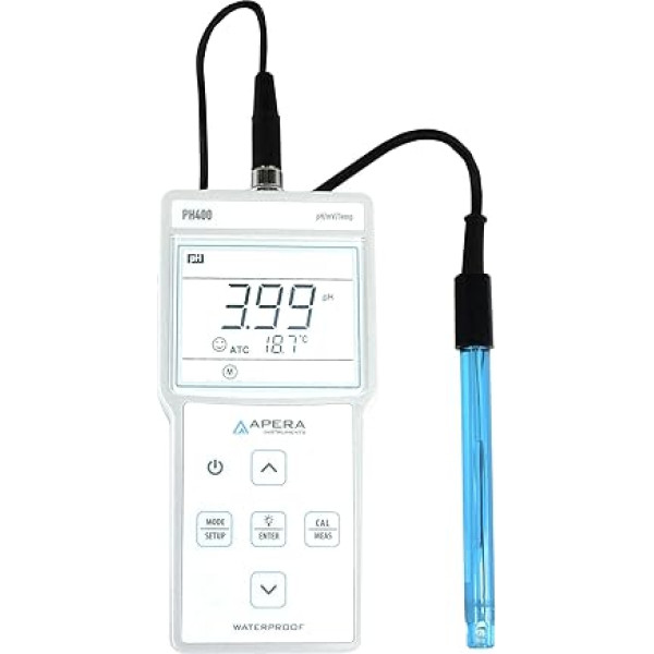 Apera Instruments PH400 Pārnēsājamais pH mērītājs (ietver 201T-S pH elektrodu ar integrētu temperatūras mērījumu pH diapazons: 0,00 līdz 14,00)