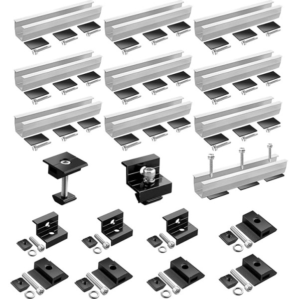 GETLITOOL saules paneļu montāžas komplekts, 20 cm alumīnija sliedes un melni anodēti 30-35 mm saules bateriju kronšteini 4 saules paneļiem, saules paneļu montāžas komplekts plakana jumta trapecveida jumta montāžai