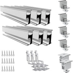 Fotogalvanisko saules paneļu jumta montāžas komplekts ar jumta āķiem, saules moduļu kronšteinu stiprinājuma sliedes saules paneļu jumta montāžas komplekts 30-50 mm moduļa augstumam (2 x moduļiem)