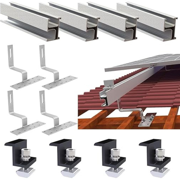 Dakstiņu jumta saules moduļu komplekts, saules kronšteinu komplekts dakstiņu jumta montāžai, 30 cm moduļu montāžas sliedes jumta āķis, dakstiņu jumta montāžas sliedes komplekts, melns, regulējamas skavas moduļa biezumam 35 mm