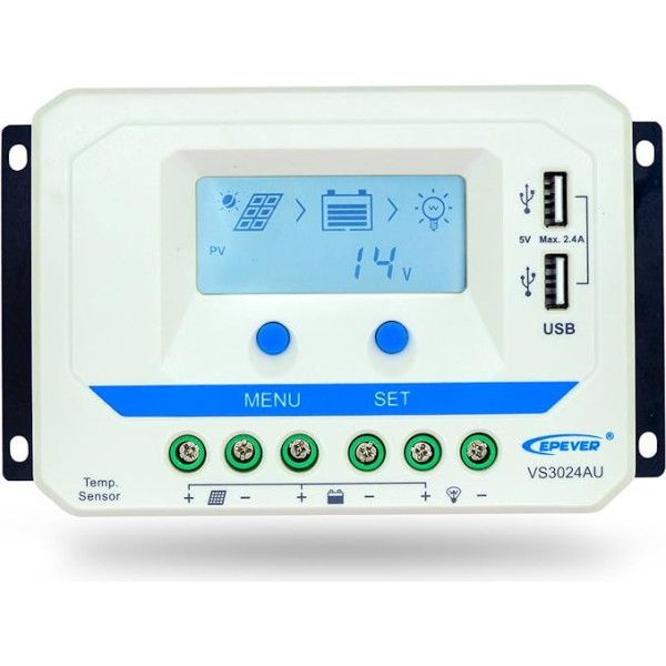 EPEVER saules enerģijas lādēšanas kontrolieris ar USB pieslēgvietām 12V/24V PWM saules paneļu akumulatora uzlādes kontrolieris ar LCD displeju saules sistēmai (30A VS3024AU)