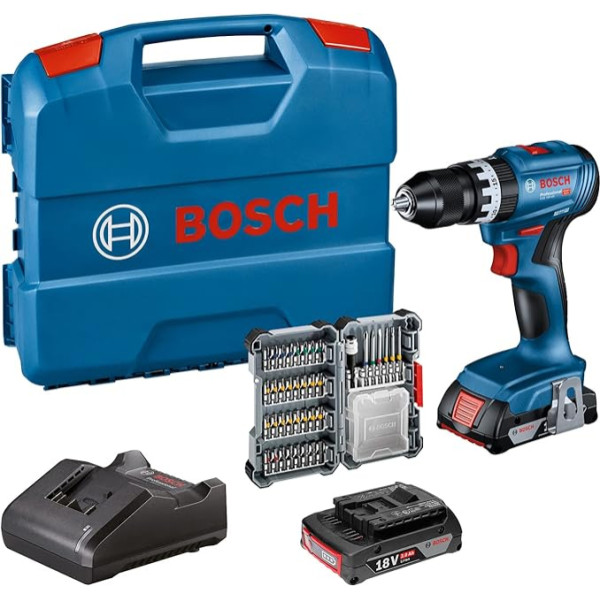 Bosch Professional 18V sistēmas akumulatora padeves ierīce GSB 18V-45 (Drehzahl 1.900 min-¹, 2 x Akkus 2,0 Ah, Zubehöre, GAL 18V-20, L-Case) - Amazon Exclusive, Blue, 06019K3307