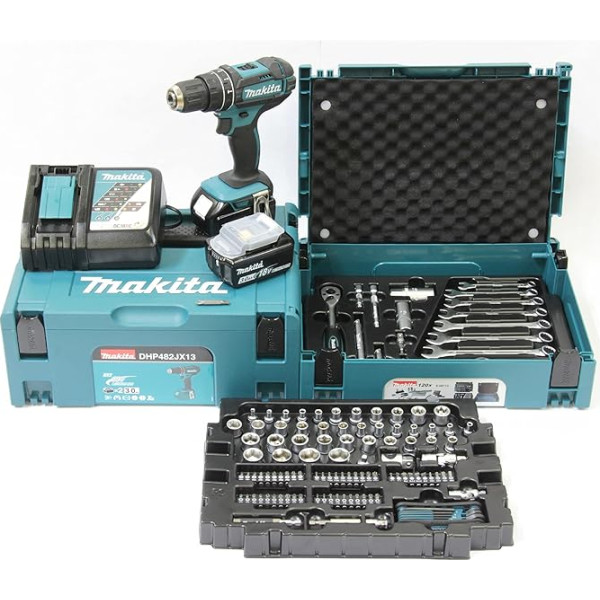 Makita DHP482JX13 Akumulatora urbjmašīna ar āmuru 18 V / 3,0 Ah 2 akumulatori + lādētājs Makpac komplektā + 120 piederumu komplekts Makpac benzīna / melns