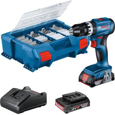 Bosch Professional 18V sistēmas 18V GSB 18V-45 akumulatora urbis ar āmuru (ātrums 1900 min-¹, 2x 2,0 Ah akumulators, GAL 18V-2082, 82 piederumu komplekts, ar L-Case Pick & Click)