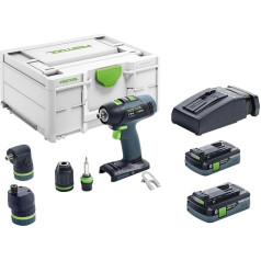 Festool akumulatora urbjmašīnas T 18+3 HPC 4.0 I komplekts (ar akumulatoru, ātro lādētāju, instrumentu turētāju, magnētisko bitu turētāju, bezatslēgas urbjmašīnas turētāju, leņķa stiprinājumu, ekscentrisko stiprinājumu, jostas stiprin