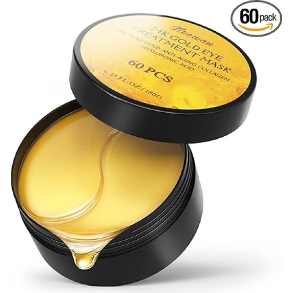 Fivewan 24k zelta plāksteri zem acīm - 60 gabaliņu acu maska Pure Gold Anti-Ageing kolagēna hialuronskābes maska zem acīm tumšo loku, pietūkuma un grumbu noņemšanai, lai atsvaidzinātu ādu