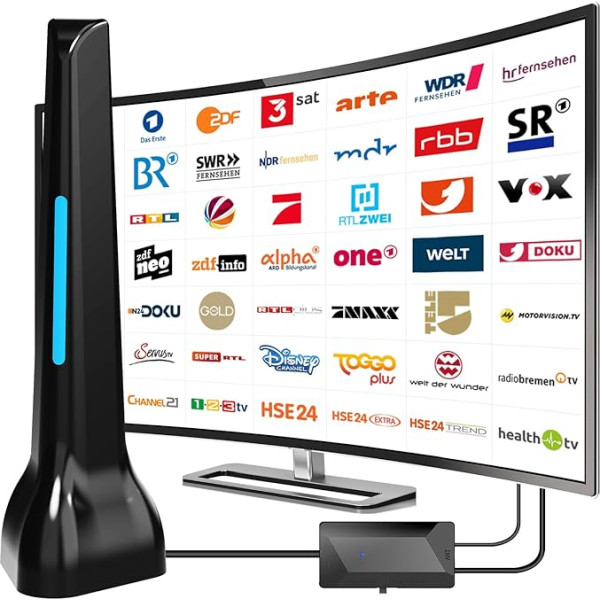 DVB-T/DVB-T2 antena ar pastiprinātāju - HDTV iekštelpu antena televizoriem, liela darbības rādiusa un 360° uztveršana, ar magnētisko pamatni - 5 metru kabelis, atbalsta 4K HD kanālus un visus televizorus