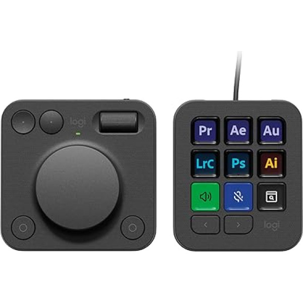 Logitech MX Creative Console, programmējama tastatūra ar 9 pielāgojamiem LCD taustiņiem un vadības elementiem grafiskajam dizainam, video rediģēšanai, fotografēšanai, lietošanai ar Adobe, Zoom, Spotify un citiem rīkiem - grafīts