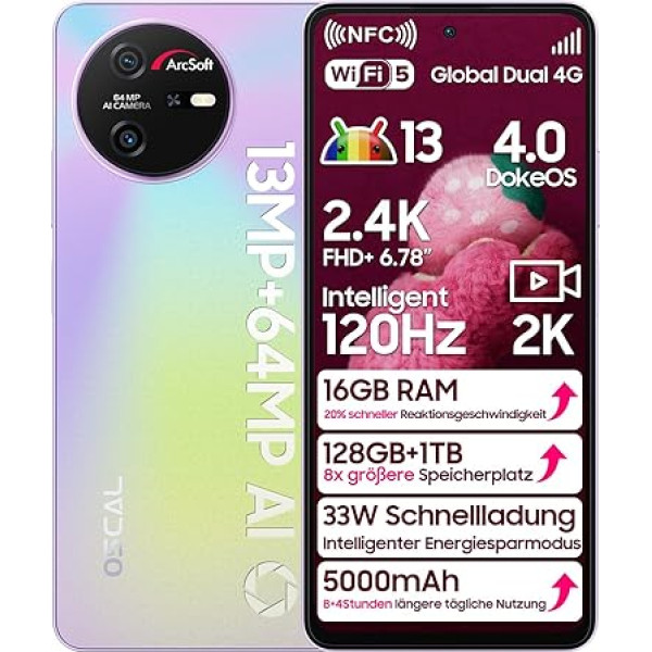 OSCAL Tiger 12 viedtālrunis bez līguma 16GB + 128GB / 1TB TF, 6,78 collu FHD+ 120Hz Android mobilais telefons 33W Quick Charge 5000 mAh, atbloķēts viedtālrunis 64MP + 13MP kamera, sejas pirkstu nospiedums, NFC,