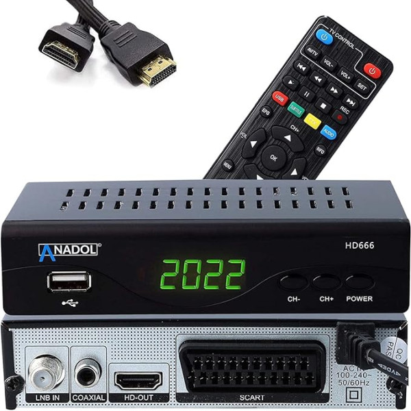 Anadol HD 666 digitālais satelīta uztvērējs ar PVR ierakstīšanas funkciju un AAC-LC funkciju satelīta TV, SCART, USB, satelīta šķīvim, HDMI, DVB-S2, Astra Hotbird asorti + HDMI kabelis