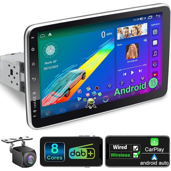 Android 13 Auto radio ar navigāciju 10 collu ekrāns Iebūvēts DAB+ bezvadu Carplay un bezvadu Android auto 1 DIN auto radio Touch displejs ar Bluetooth 8 Core 4G + 64G WiFi 4G GPS AM/FM RDS Reversing