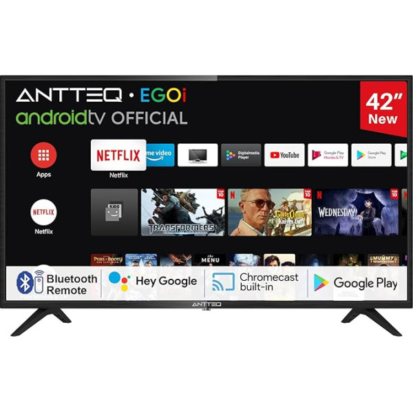 Antteq AG42F3 Smart TV 42 collu (106 cm) Android TV LED, Dolby Audio, Google palīdzība, Bluetooth Trīskāršs uztvērējs (DVB-C/S2/-T2), Google Play veikals (DAZN/Disney+/Netflix/Prime Video), WiFi