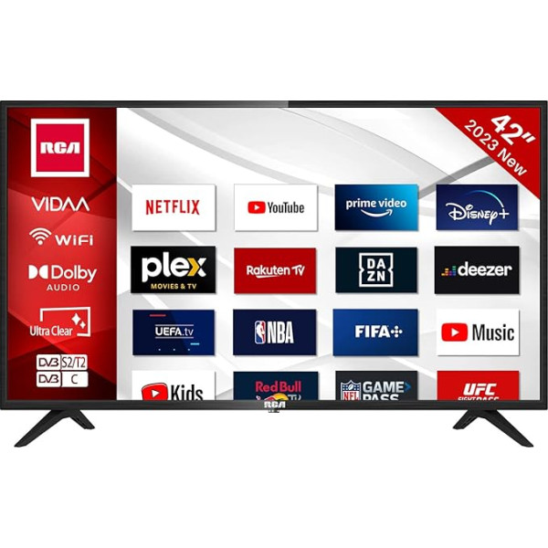 RCA iRV42H3 televizors 42 collu (106 cm) Smart TV ar Netflix, Prime Video, Rakuten TV, DAZN, Disney+, YouTube, UVM, WiFi, trīskāršs DVB-T2 / S2 / C uztvērējs, Dolby Audio, 2023