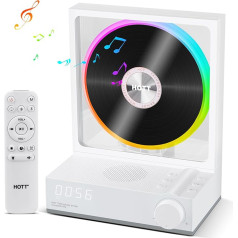 HOTT portatīvais CD atskaņotājs ar tālvadības pulti, Bluetooth 5.3 galda CD atskaņotājs ar RGB apgaismojumu, portatīvais CD atskaņotājs ar HiFi skaļruņiem, atbalsta TF karti, transkripciju, LED ekrānu, taimeri (balts)