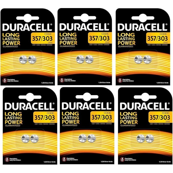 DURACELL Electronics 357/303/SR44 sudraba oksīda poga baterijas (6 gab.)