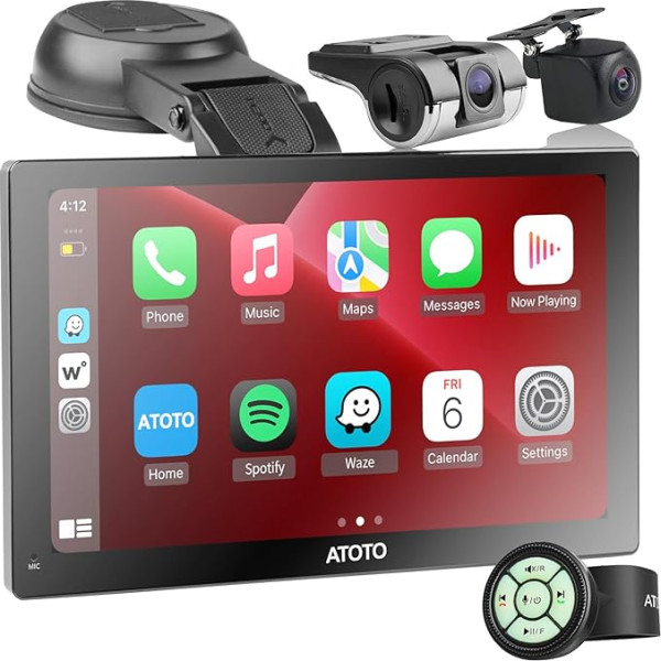 ATOTO P5 Autoradio pārnēsājamais 7 collu QLED CarPlay displejs ar priekšējo un 1080P aizmugurējā skata kameru, bezvadu CarPlay un Android Car, GPS navigācija, automātiska aptumšošana, Bluetooth, AUX/FM/USB, P507SD-S31