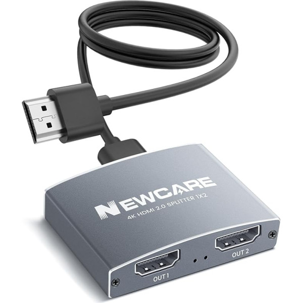 NEWCARE HDMI sadalītājs 1 in 2 Out (tikai spoguļattēls, ne pagarinātājs), 4K @ 60Hz HDMI sadalītājs no 1 līdz 2 ar 1,2 m ātrgaitas kabeli, HDMI sadalītājs 2 monitoriem vienlaicīgi Full HD TV Xbox PS4/5 Grey