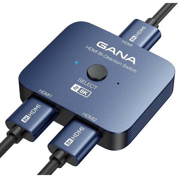 GANA 8K HDMI sadalītājs, HDMI 2.1 slēdzis Ultra HD 48Gbps, alumīnija divvirzienu HDMI slēdzis 2 in 1 Out vai 1 in 2 Out HDMI komutators, HDMI sadalītājs TV/PS5/Xbox atbalstam