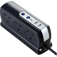 Masterplug SRGDSU62PB-MP 6 kontaktligzdu komutējams pagarinātājs ar aizsardzību pret pārspriegumu un divām USB uzlādes ligzdām 2m spīdīgi melns 6,2x8,7x20,6cm