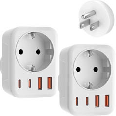 2 iepakojuma ASV adaptera ligzda, 5-in-1 adapteris ASV Vācijas kontaktdakša ar 1 maiņstrāvas 2 USB-C 2 USB-A (3,4 A), 3750 W ceļojuma adapteris ASV adapteris, ES-ASV adapteris Amerikai, Kanādai, Taizemei, Meksikai (balts/B tipa)