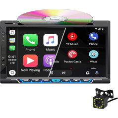 Auto radio Dual DIN ar CD/DVD atskaņotāju, CarPlay bezvadu un Android auto radio ar 7 collu skārienjūtīgo ekrānu atbalsta Bluetooth AM/FM Mirror Link USB/TF/AUX + aizmugures kamera