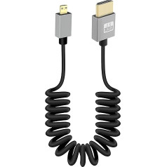 GELRHONR 4K Micro HDMI spirālveida kabelis, īss Micro HDMI vīrietis uz HDMI vīrietis atsperes elastīgs plāns kabelis, Micro HDMI 90 grādu kabelis 18Gbps 3D 4K @ 60Hz, kameras video uztveršanas kartei (taisns)