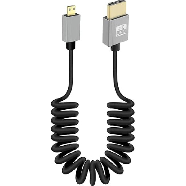 GELRHONR 4K Micro HDMI spirālveida kabelis, īss Micro HDMI vīrietis uz HDMI vīrietis atsperes elastīgs plāns kabelis, Micro HDMI 90 grādu kabelis 18Gbps 3D 4K @ 60Hz, kameras video uztveršanas kartei (taisns)