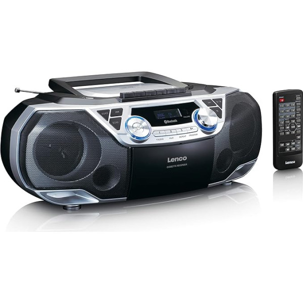 Lenco - Boombox - Bluetooth 5.0 - CD/MP3 atskaņotājs ar augšējo ielādi - kasešu dekors - FM radio - USB ports - 2 x 6 W RMS - Bass Reflex - tālvadības pults - sudraba SCD-120SI