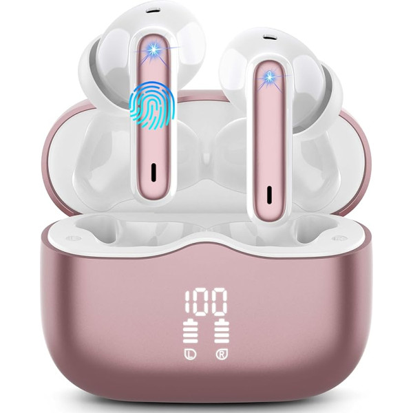 Bluetooth Kopfhörer, Bluetooth 5.3 In Ear Kopfhörer mit 4 ENC Mic, Kabellose Kopfhörer Tiefer Bass 40Std Wireless Earbuds Noise Cancelling, IP7 Wasserdicht, LED-Anzeige, Roségold