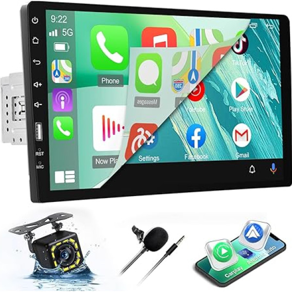 1 DIN auto radio ar ekrānu ar Carplay un Android Car - 9 collu skārienjūtīgais ekrāns Carplay radio ar ekvalaizeru, Mirror Link, Bluetooth, FM radio, SWC + atpakaļgaitas kamera