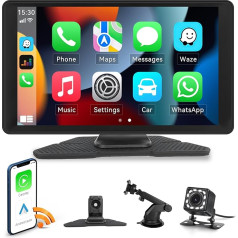 Auometo bezvadu CarPlay un Android automašīnas displejs, 9 collu pārnēsājams bezvadu autoradio ar HD IPS skārienekrānu, Bluetooth brīvroku funkcija/FM/Google/Airplay/AUX + atpakaļgaitas kamera