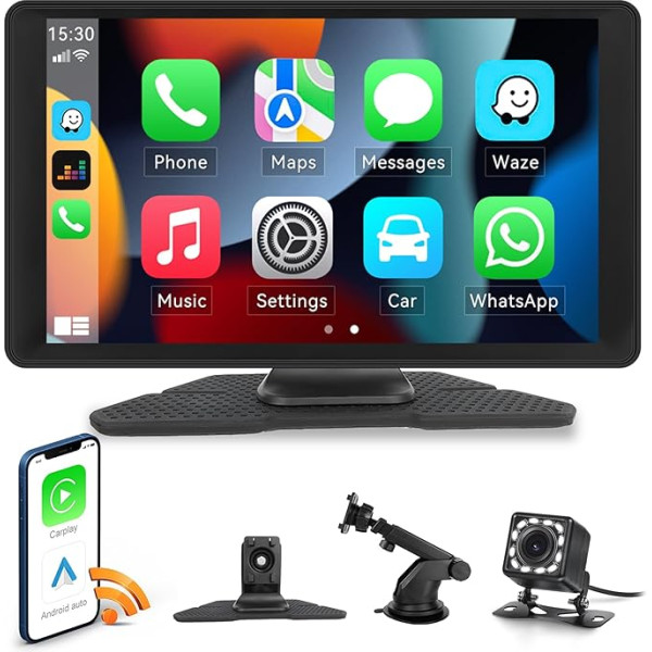 Auometo bezvadu CarPlay un Android automašīnas displejs, 9 collu pārnēsājams bezvadu autoradio ar HD IPS skārienekrānu, Bluetooth brīvroku funkcija/FM/Google/Airplay/AUX + atpakaļgaitas kamera