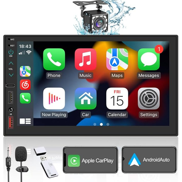 7 collu autoradio ar ekrānu ar Carplay, Android Car, Bluetooth, Mirror Link, RDS/FM/AM/GPS satelītnavigācijas sistēma, HD kapacitatīvais skārienjutīgais skārienjutīgais ekrāns, ūdensizturīga aizmugures kamera, uzlādes pieslēgvietas, audio uz