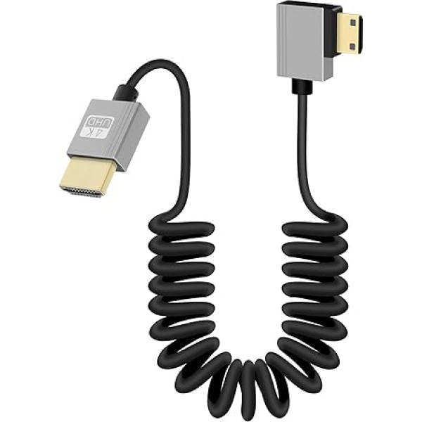 GELRHONR 4K Mini HDMI uz HDMI spirālveida kabelis, ļoti plāns mini HDMI kabelis, 18 Gbps 3D 4K / 60Hz ātrgaitas HDMI atsperu kabelis, atbalsta 3D, piemērots DSLR kamerām, HDTV, portatīvajiem datoriem (labajā leņķī)