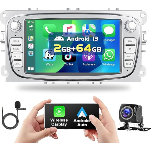 Podofo 2+64G auto radio Ford Focus C-Max S-Max Mondeo Kuga Galaxy Mondeo 9 Kuga ar bezvadu Carplay Android Car, Android 13 Radio ar 7 collu ekrānu, GPS, WiFi, RDS + atpakaļgaitas kamera un mikrofons,